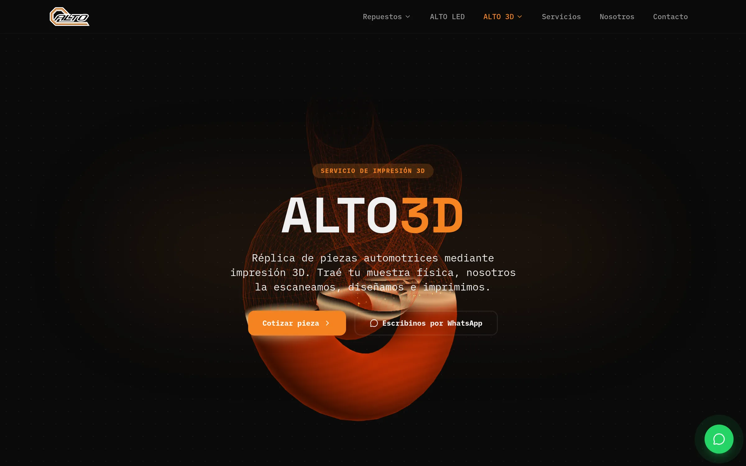 Página ALTO 3D en escritorio: un nudo 3D naranja detrás del título «ALTO 3D» y dos botones, uno para el formulario de estimado y otro para WhatsApp.