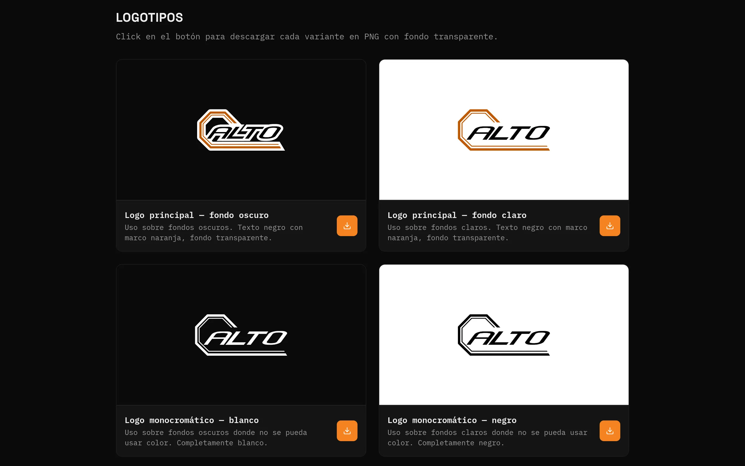 Página del manual de marca con cuatro versiones del logo ALTO sobre fondos oscuros y claros, cada una con su botón de descarga.