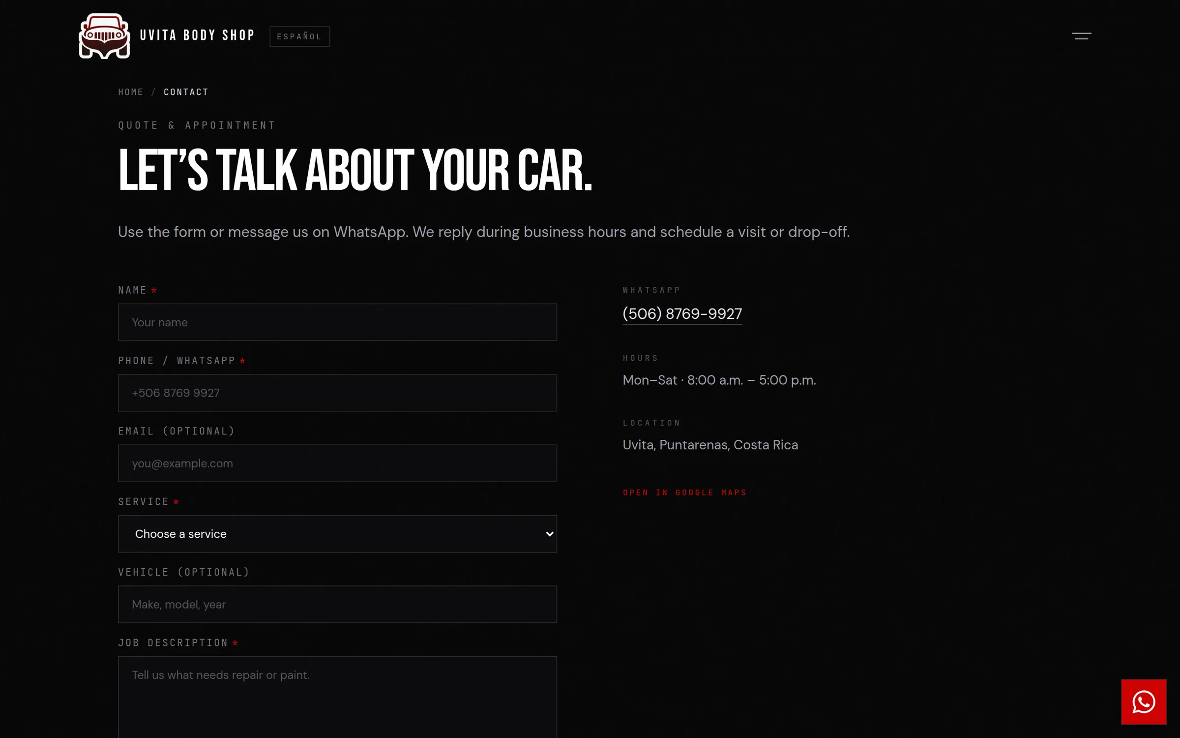 English contact page: the headline “Let’s talk about your car”, the quote form, and the WhatsApp contact, hours and location in a side column.
