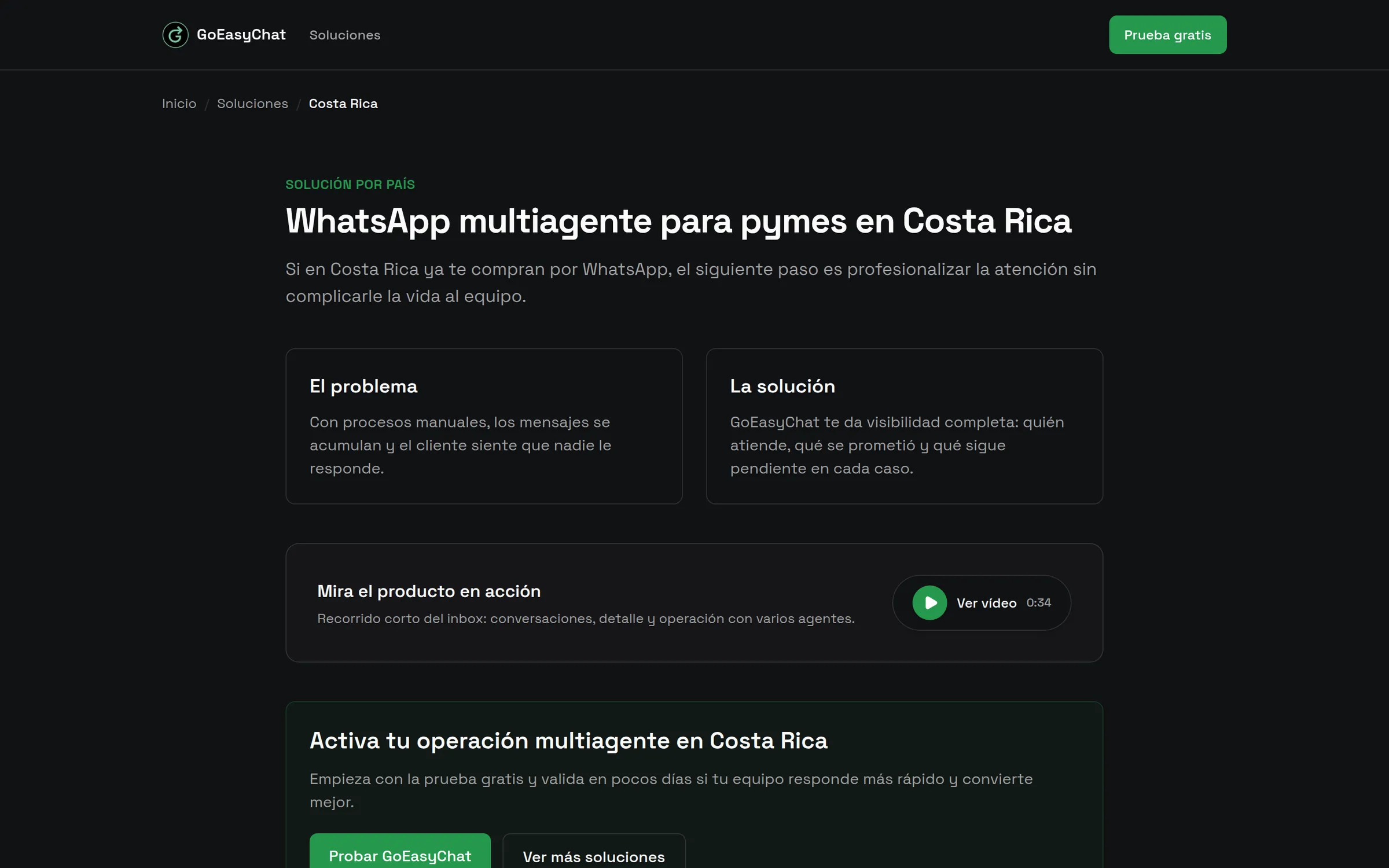 GoEasy.Chat landing page for Costa Rica, in Spanish, with cards that pair common problems with answers, and a button that plays a short product video.