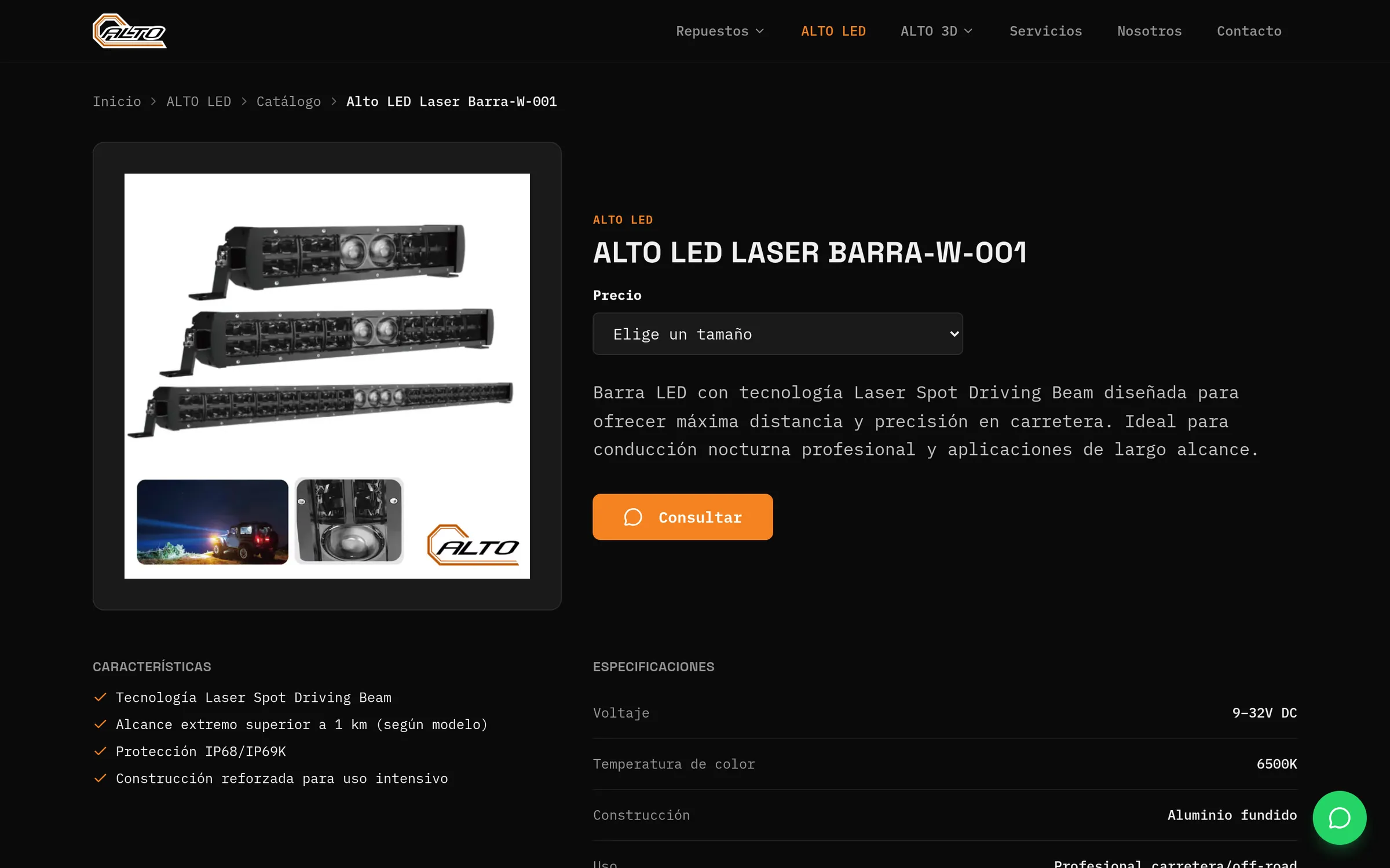 Página del producto ALTO LED Laser Barra-W-001: fotos, descripción, un botón de WhatsApp, y debajo la lista de características y la tabla de especificaciones.