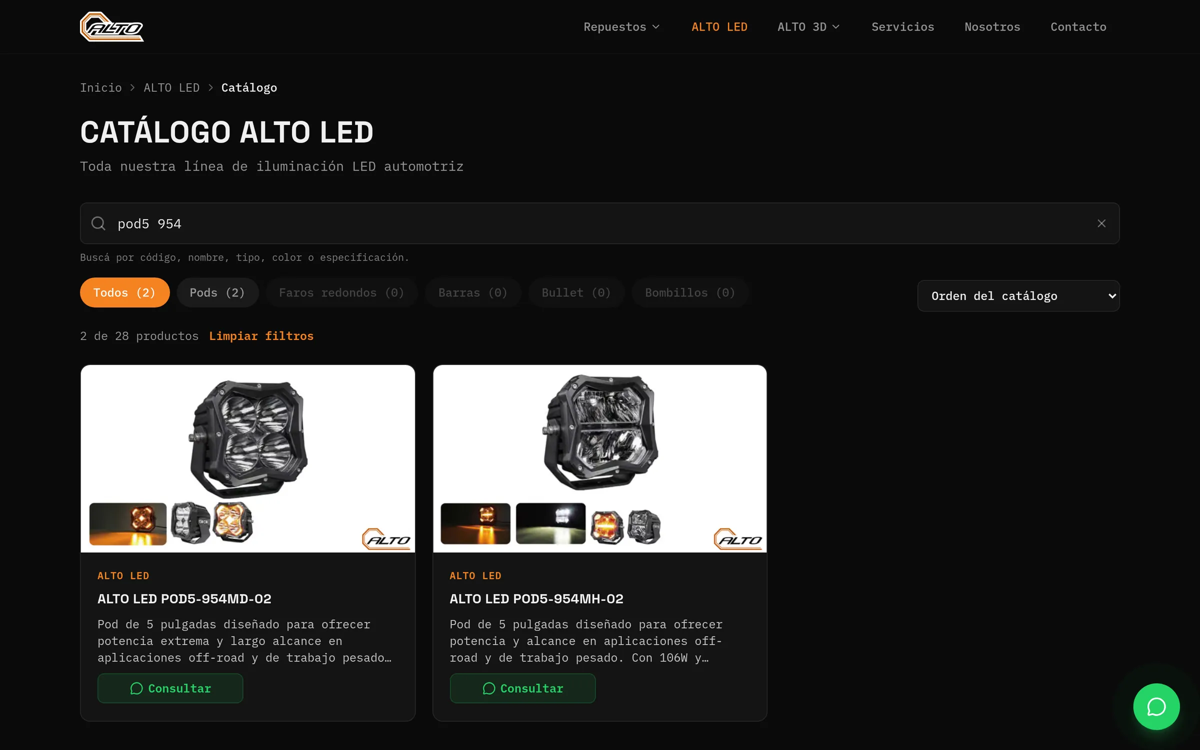 Catálogo ALTO LED en escritorio con la búsqueda «pod5 954», cinco filtros por tipo con su cantidad y dos productos encontrados.