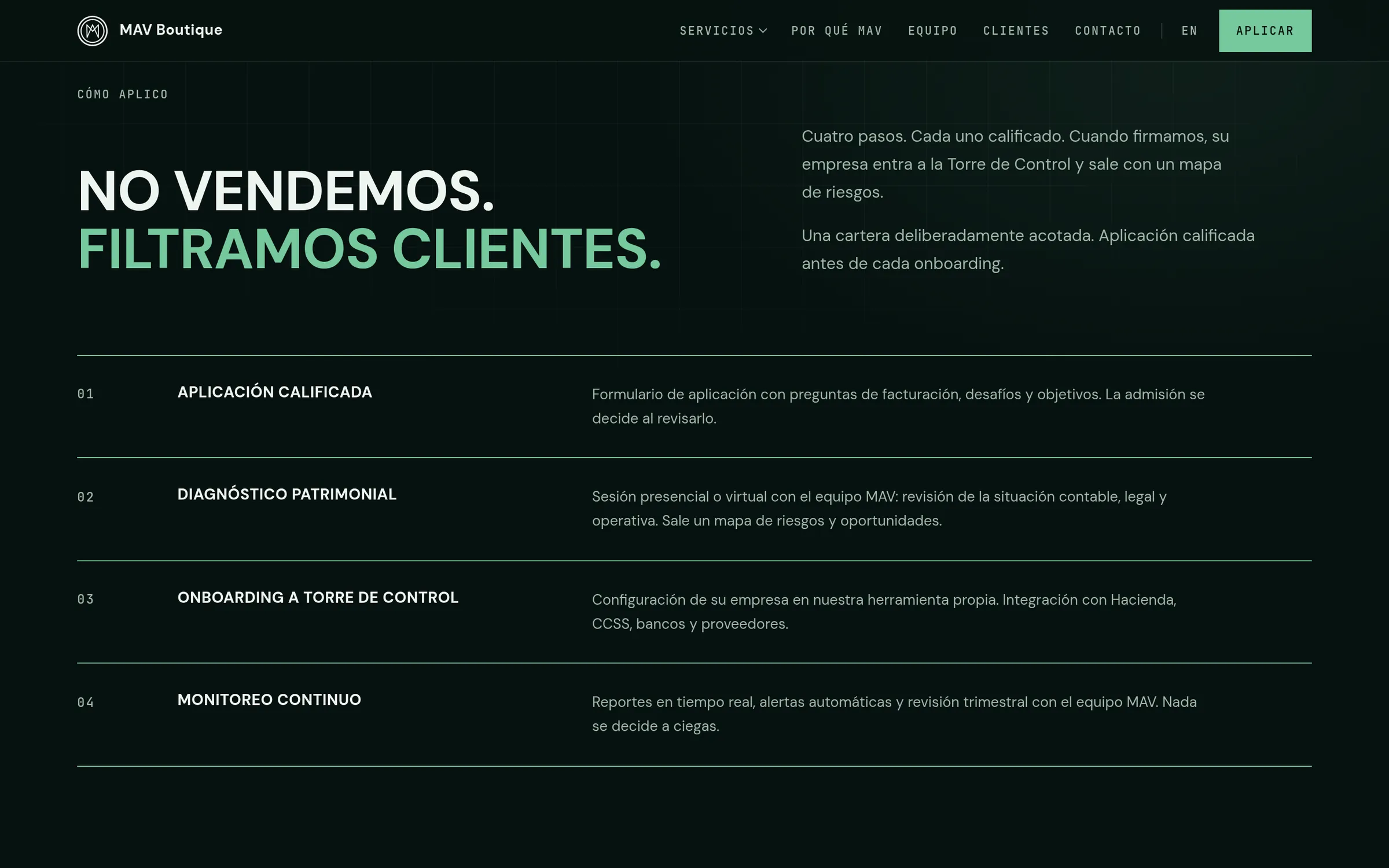 Sección del inicio «No vendemos. Filtramos clientes.» con cuatro pasos numerados, de la aplicación al monitoreo continuo.