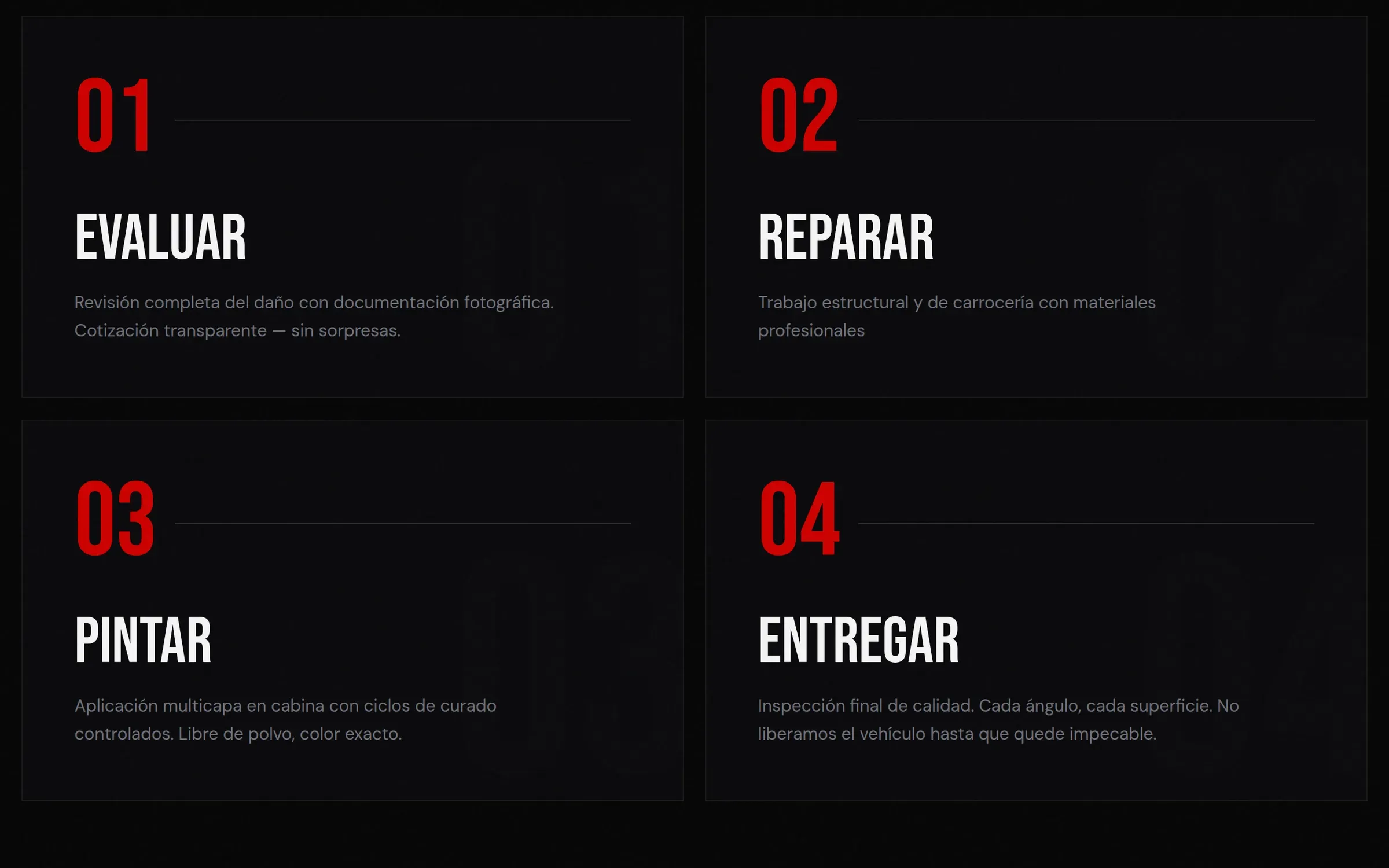 Four process cards on the home page: 01 Evaluar, 02 Reparar, 03 Pintar and 04 Entregar, each with a short explanation.