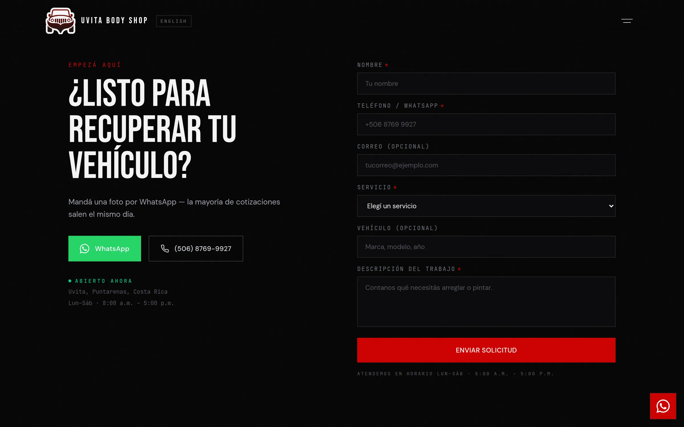 Contact section of the home page: a headline, WhatsApp and phone buttons, a green “open now” badge with location and hours, and the empty quote form.