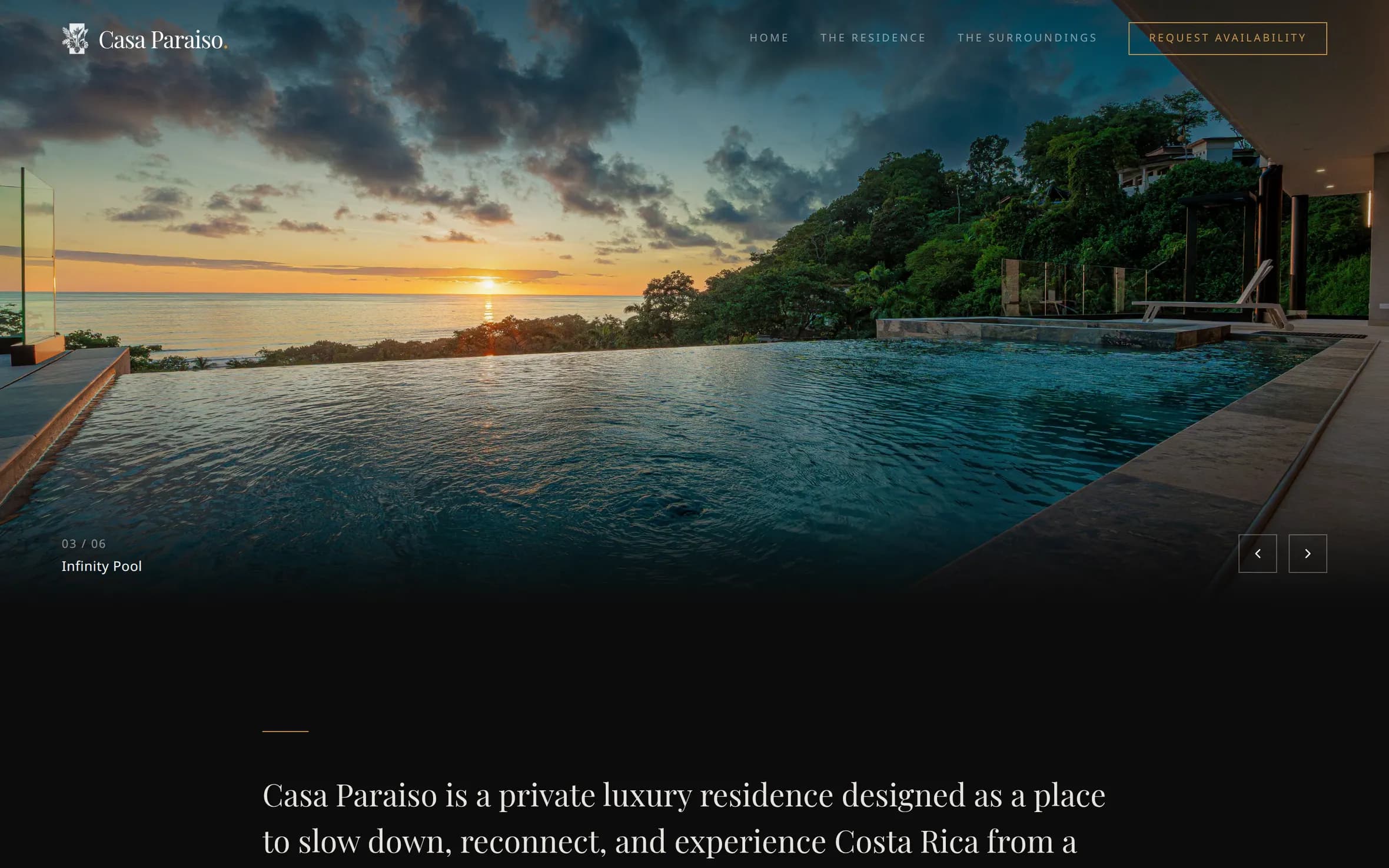 Residence page: a full-width photo carousel showing the infinity pool at sunset, with a slide counter and previous and next buttons.