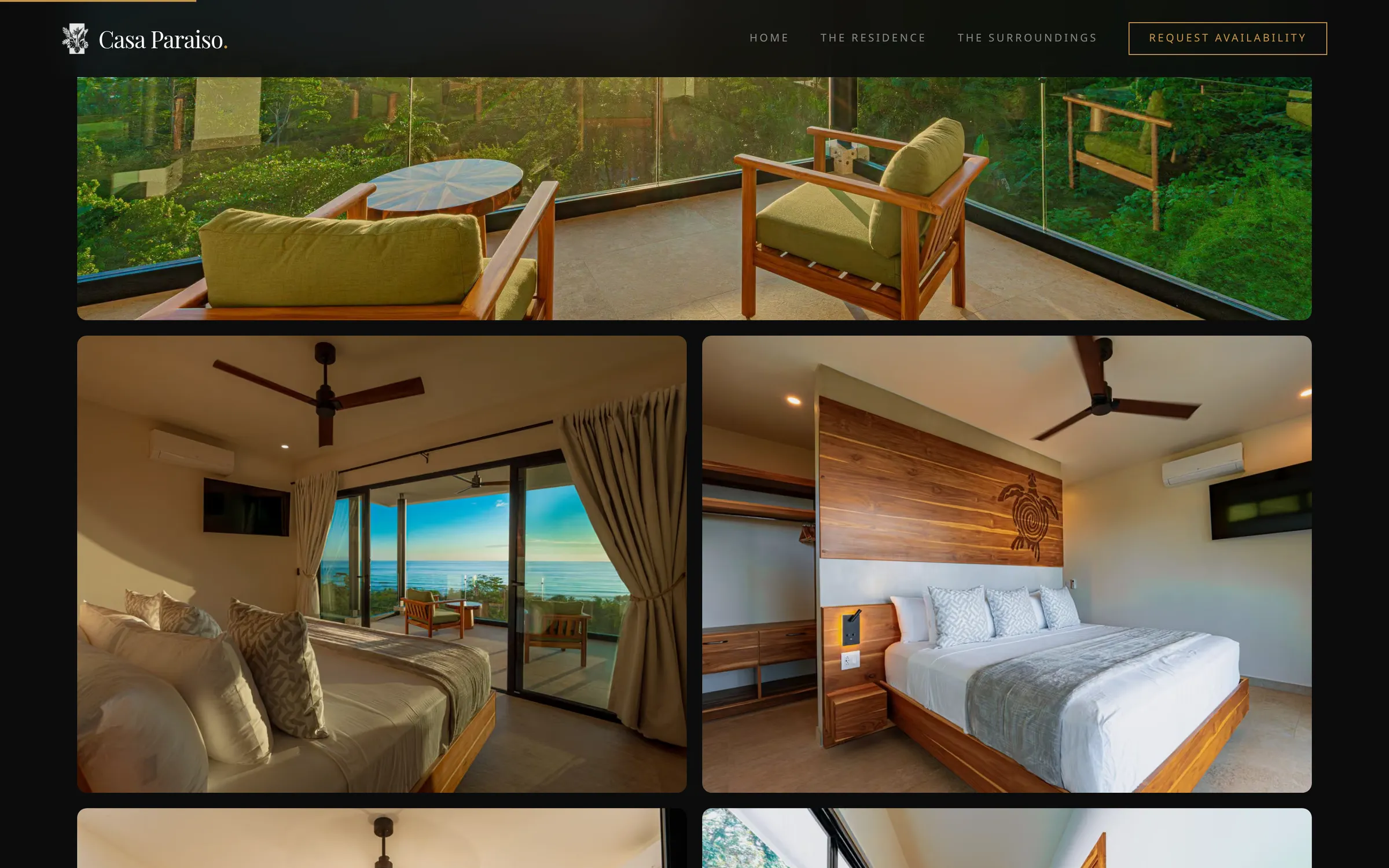 Bedroom gallery on the residence page: a wide balcony photo above two bedroom photos, one with a carved wood headboard.
