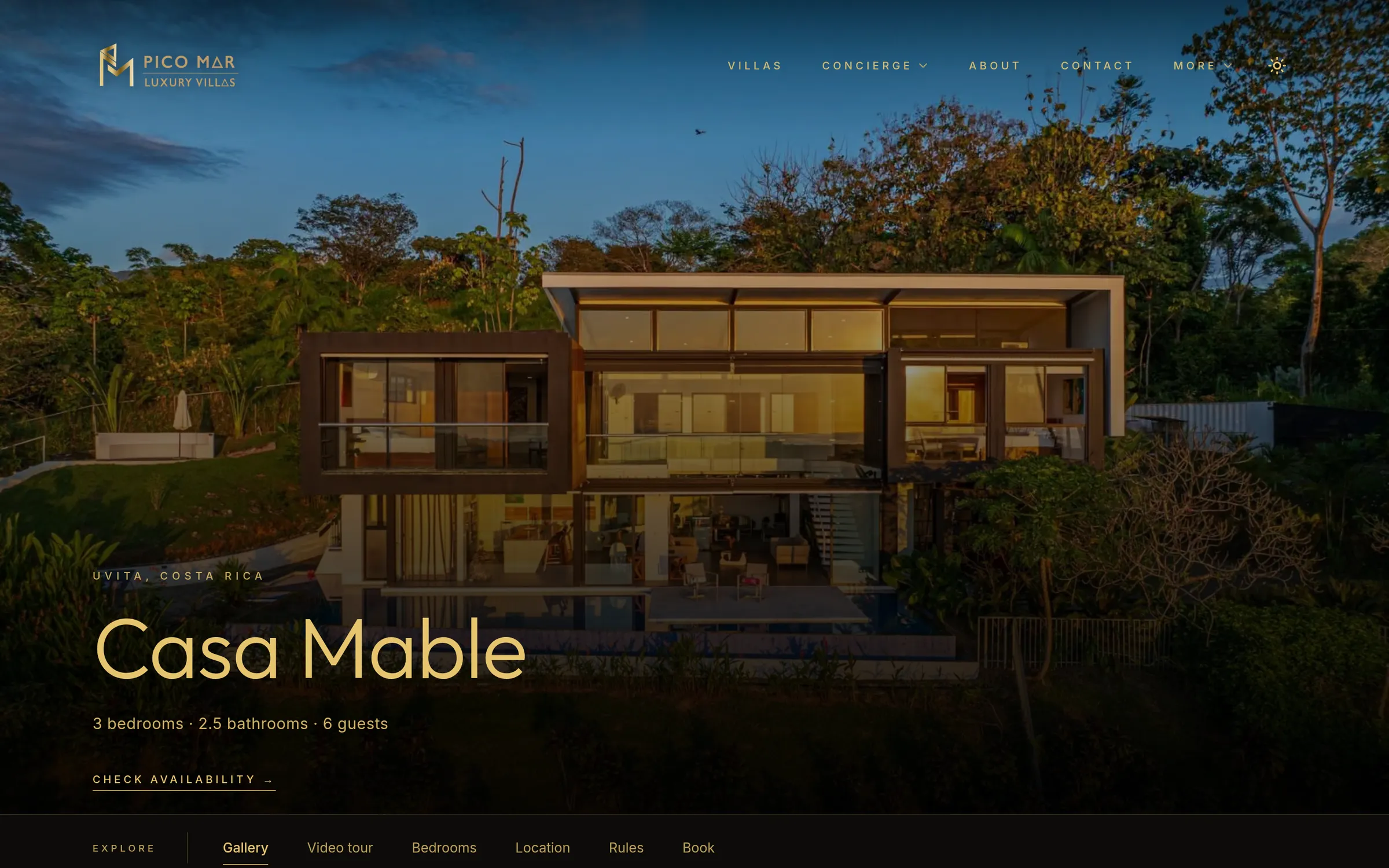 Top of a villa page: a photo of a modern house at dusk with the villa's name, the town, bedroom, bathroom and guest counts, a Check availability link and the section menu below.