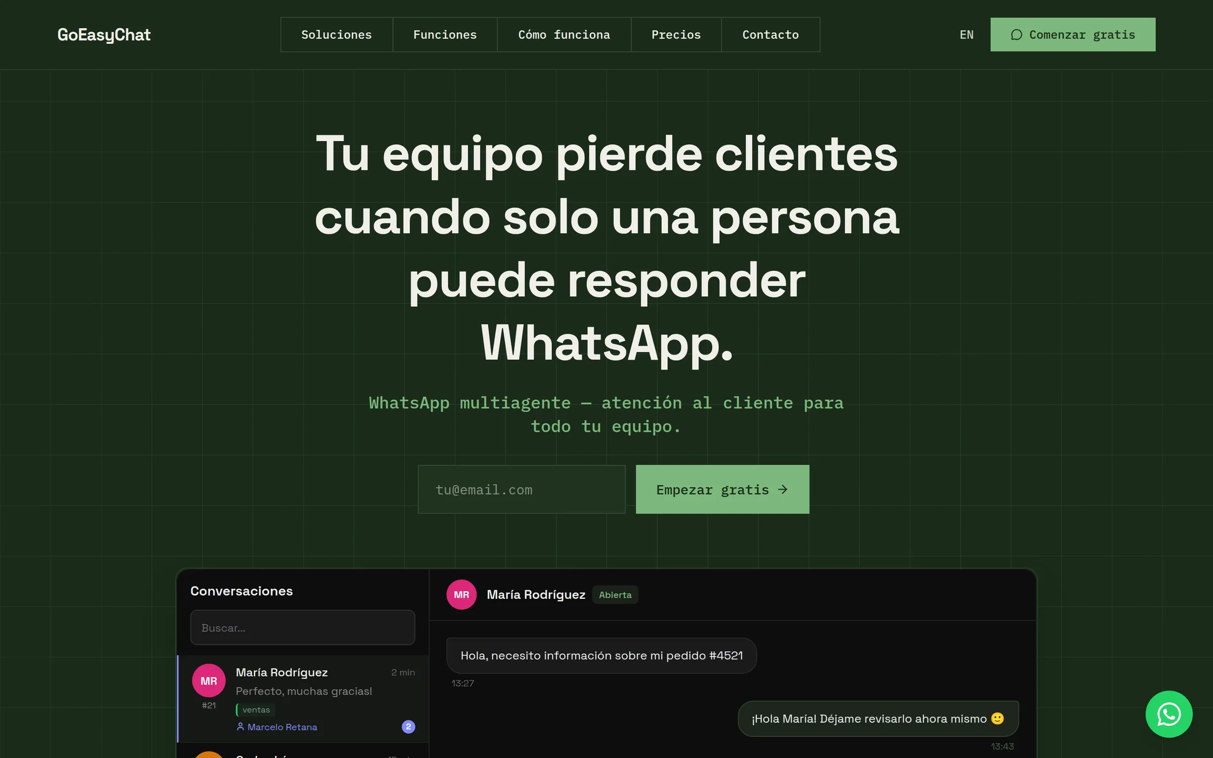 GoEasy.Chat home page in Spanish: headline, email field to start, and the top of a sample team inbox.