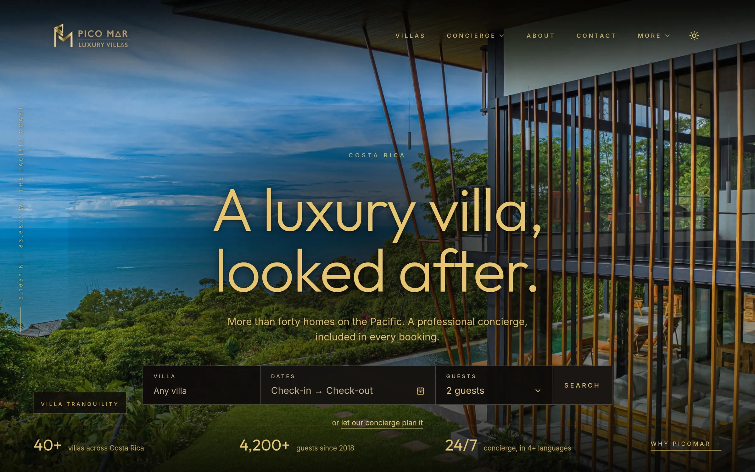 Desktop home page of Picomar: the headline “A luxury villa, looked after.” over a photo of a modern house of glass and timber above the Pacific, with a search bar for villa, dates and guests.