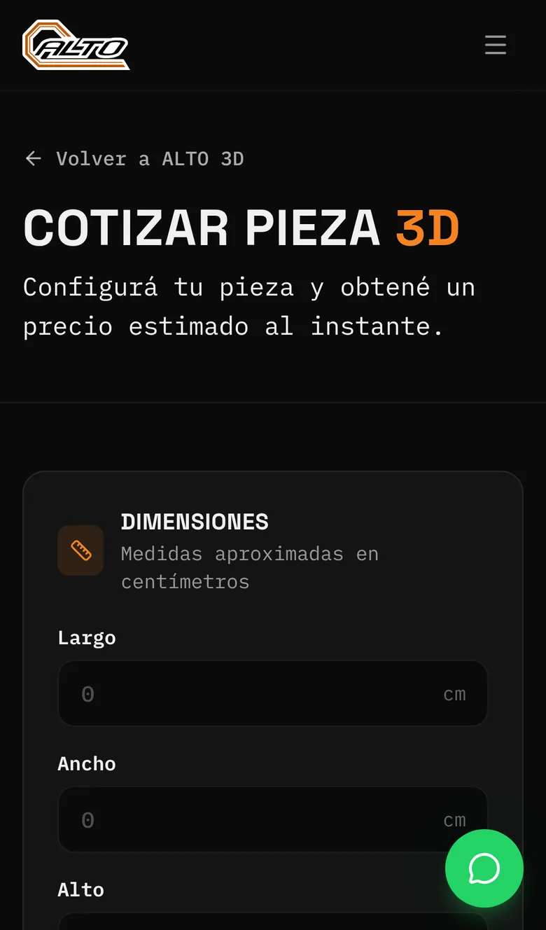 Formulario de estimado ALTO 3D en un celular: título de la página y los primeros campos de largo y ancho.