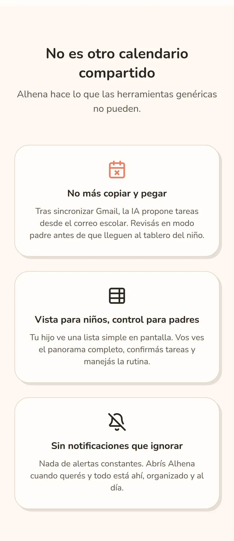 Phone view of the three feature cards stacked in one column; the first explains that the AI proposes tasks from email and the parent reviews them.