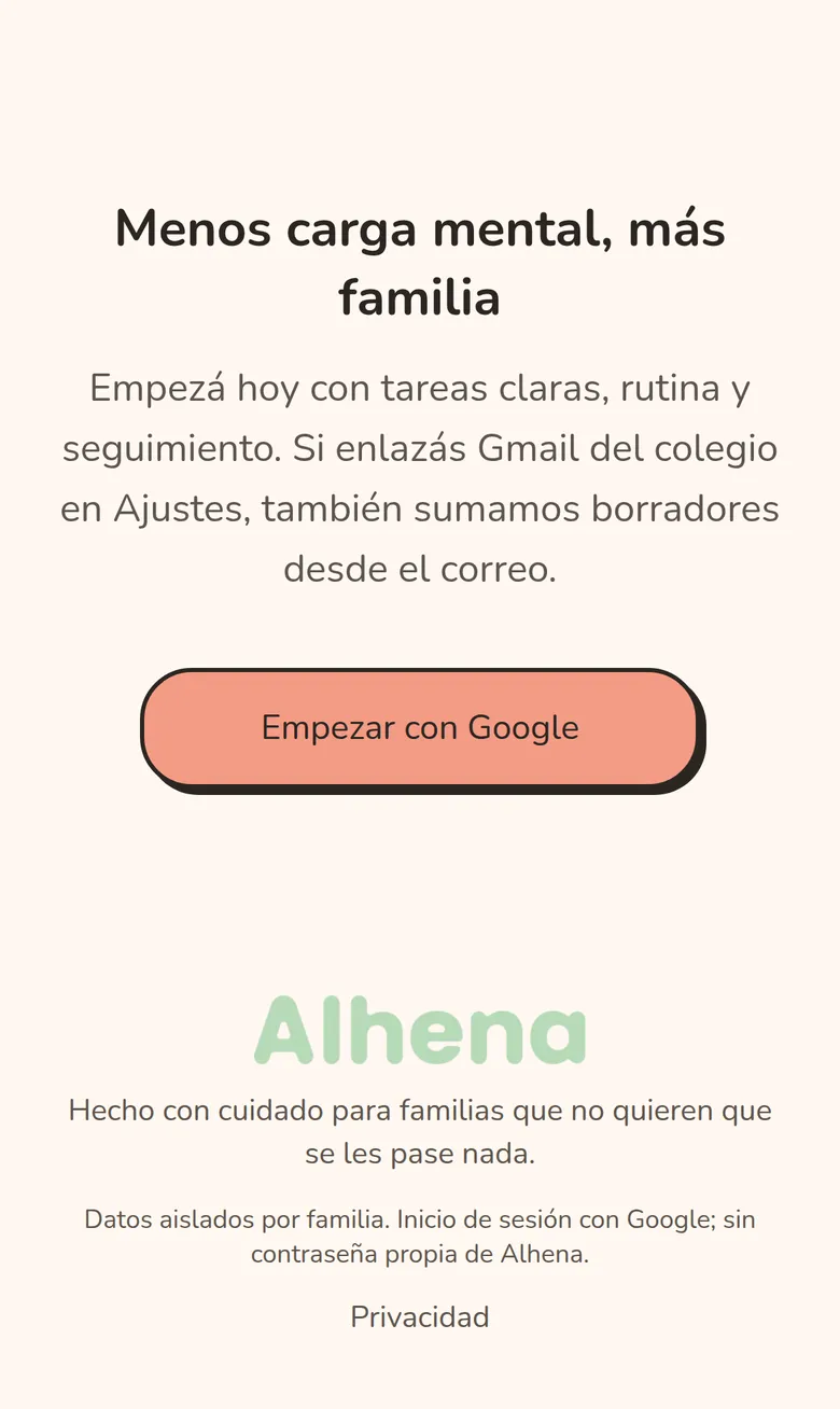 Phone view of the closing section and footer, with the “Start with Google” button and the note about data kept separate for each family.