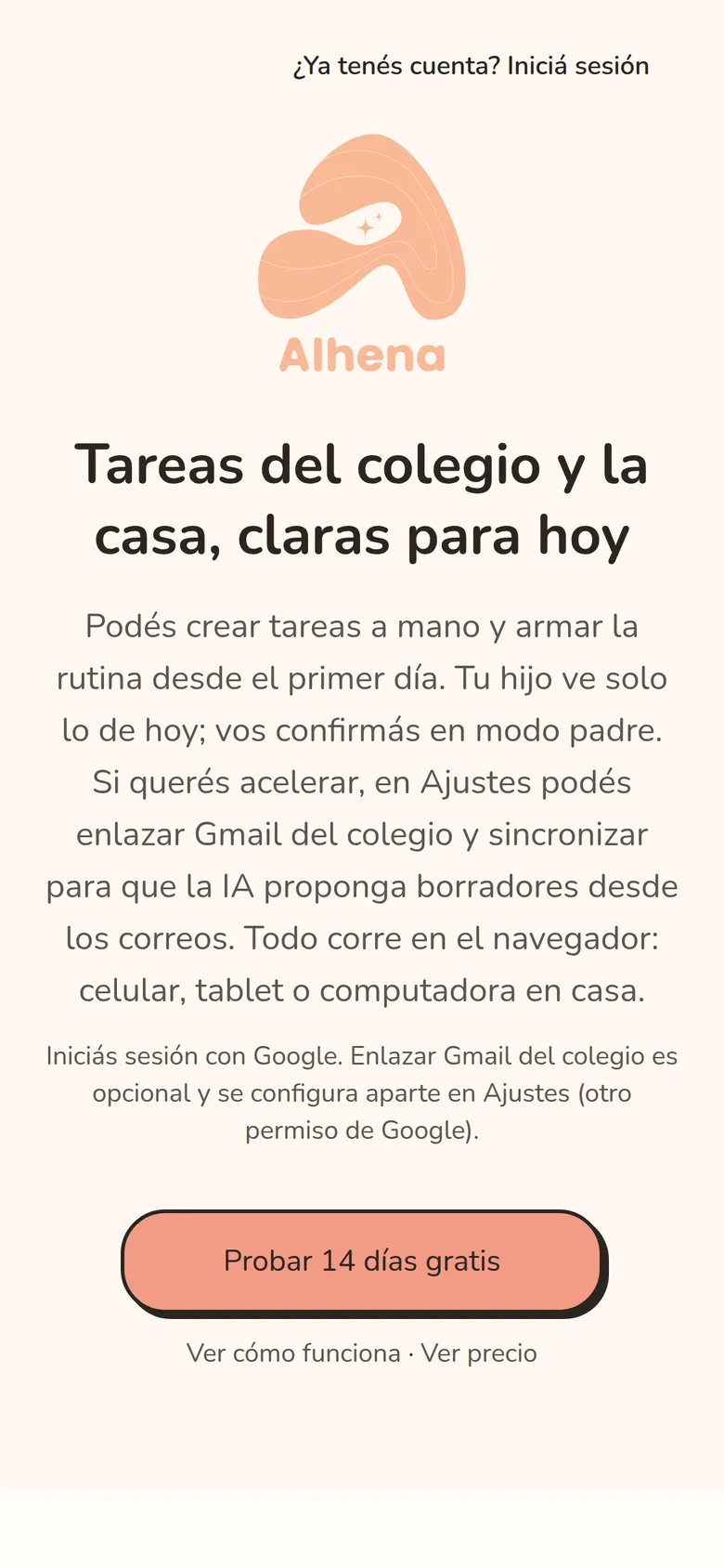 The Alhena home page on a phone: logo, headline, short description, a note that linking Gmail is optional and asked for separately, and a button to try the app.