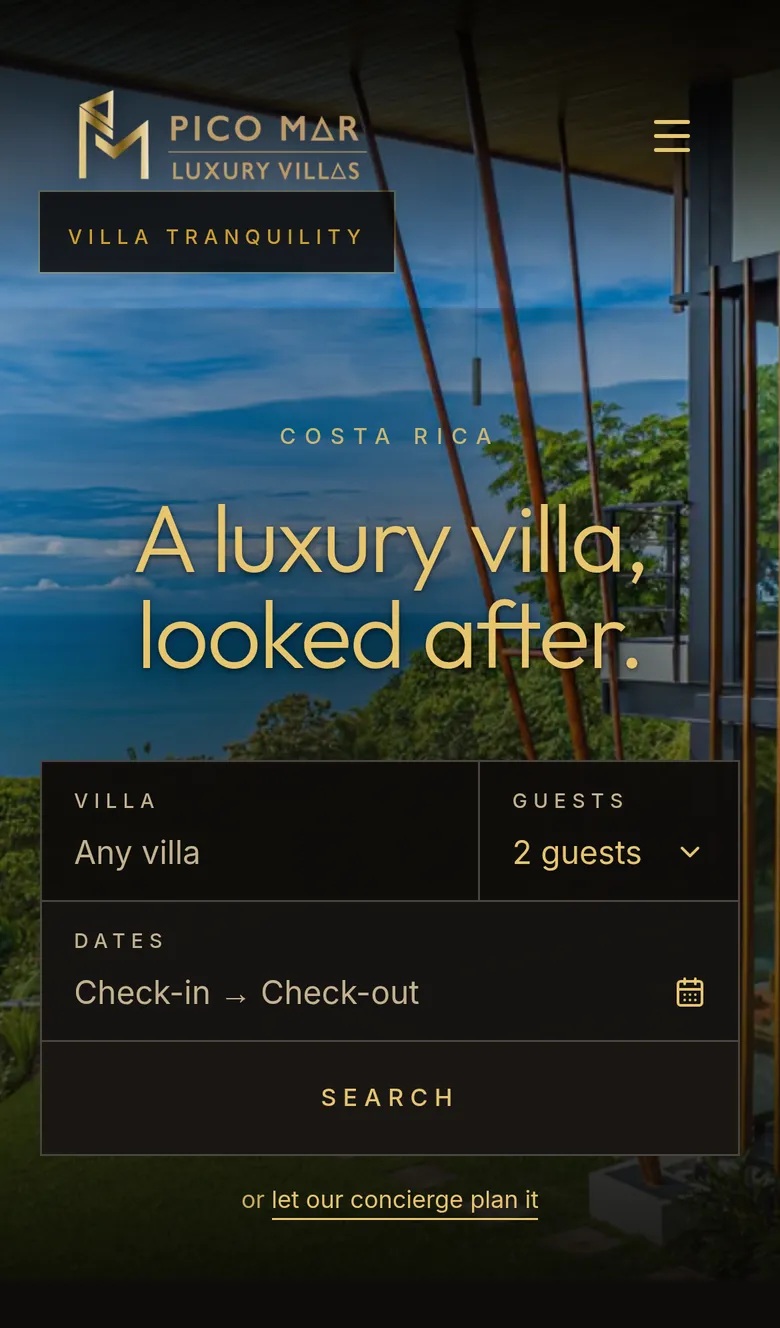 Phone view of the home page: the headline, then stacked fields for villa, guests and dates and a Search button.