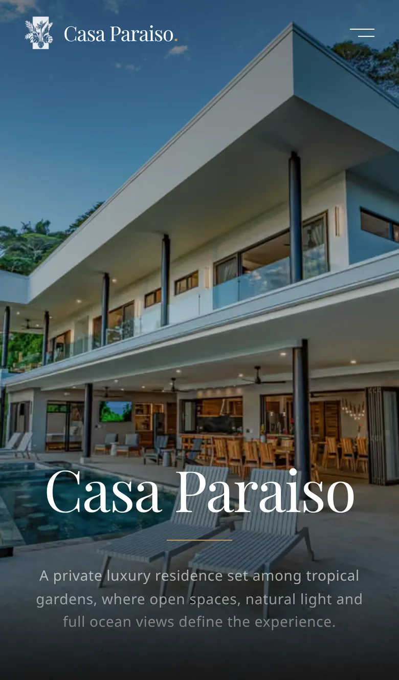 Phone view of the home page: the residence photo, the name Casa Paraiso, a short description and the menu button.