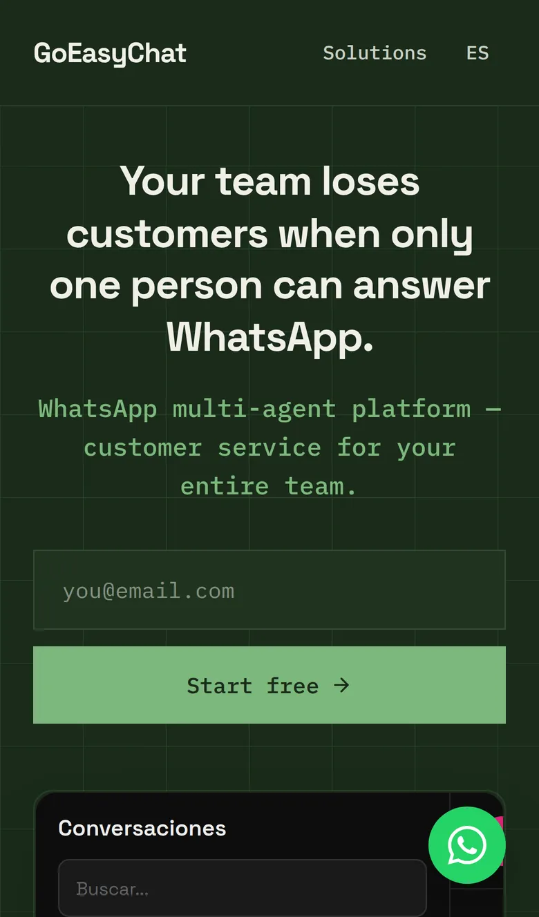 GoEasy.Chat English home page on a phone: headline, email field and the start of a sample inbox.