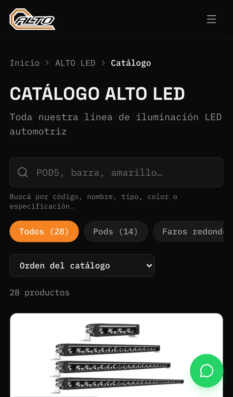 Catálogo ALTO LED en un celular: caja de búsqueda, filtros por tipo con su cantidad, menú de orden y el inicio del primer producto.