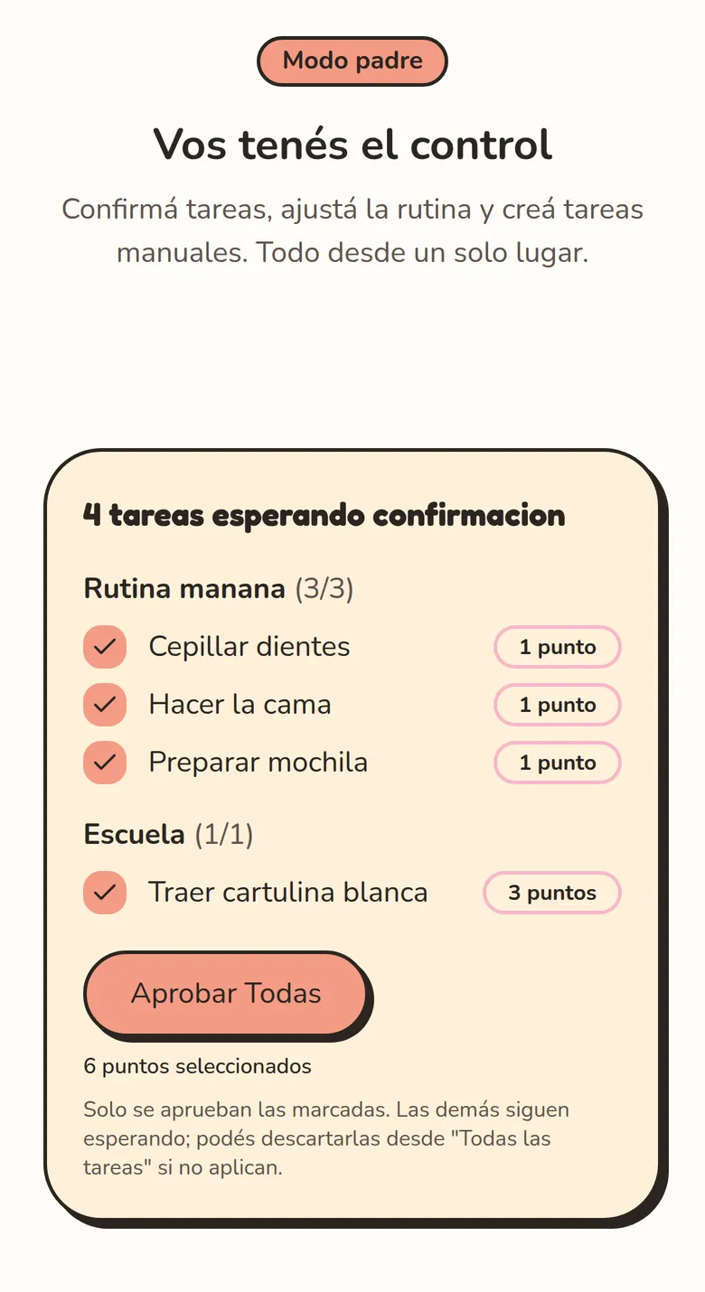 Phone view of the parent-mode card with four tasks waiting for confirmation and an “Approve all” button.