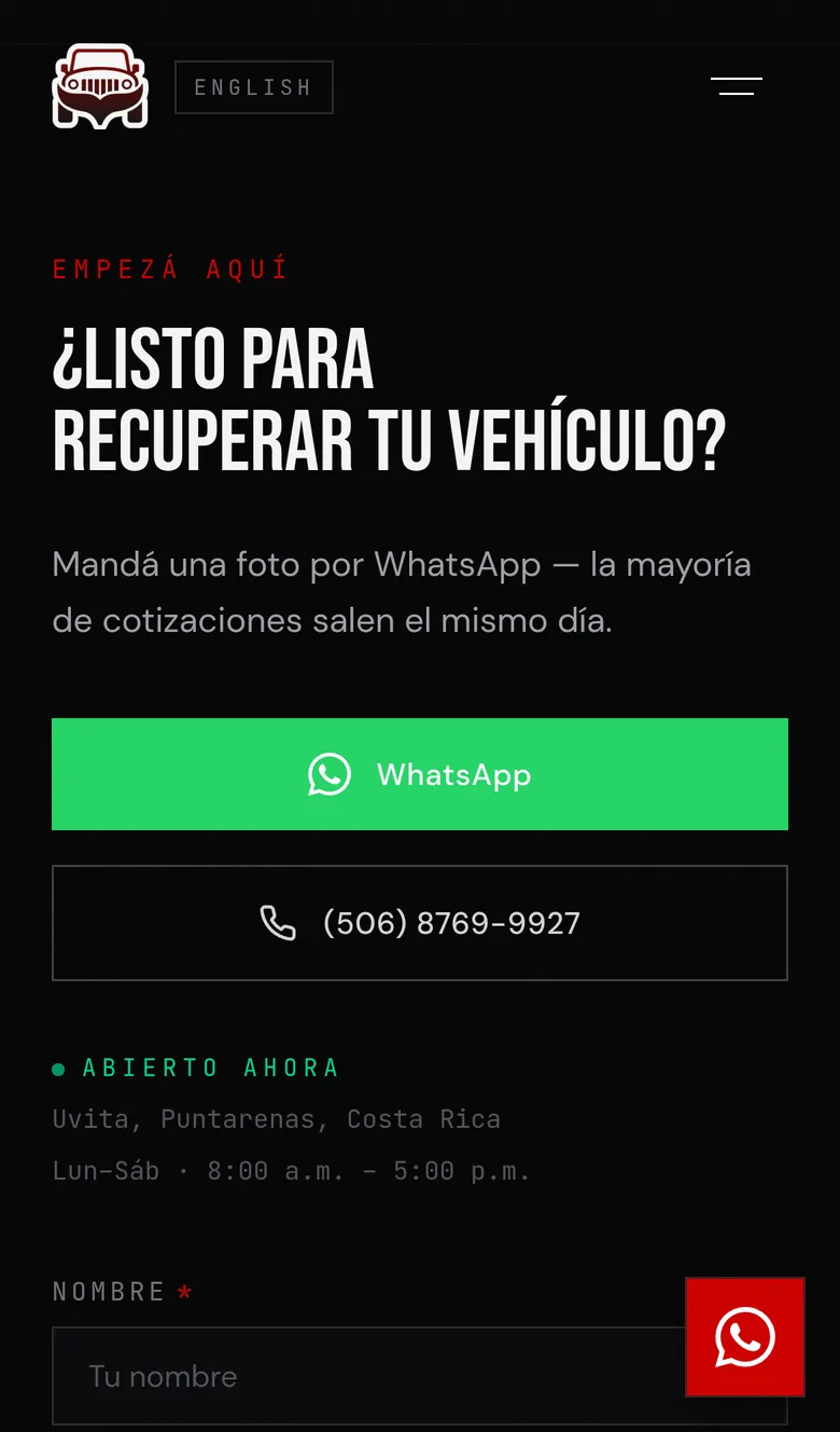 Contact section on a phone: a headline, a full-width WhatsApp button, a phone button, a green “open now” badge with hours, and the first field of the quote form.