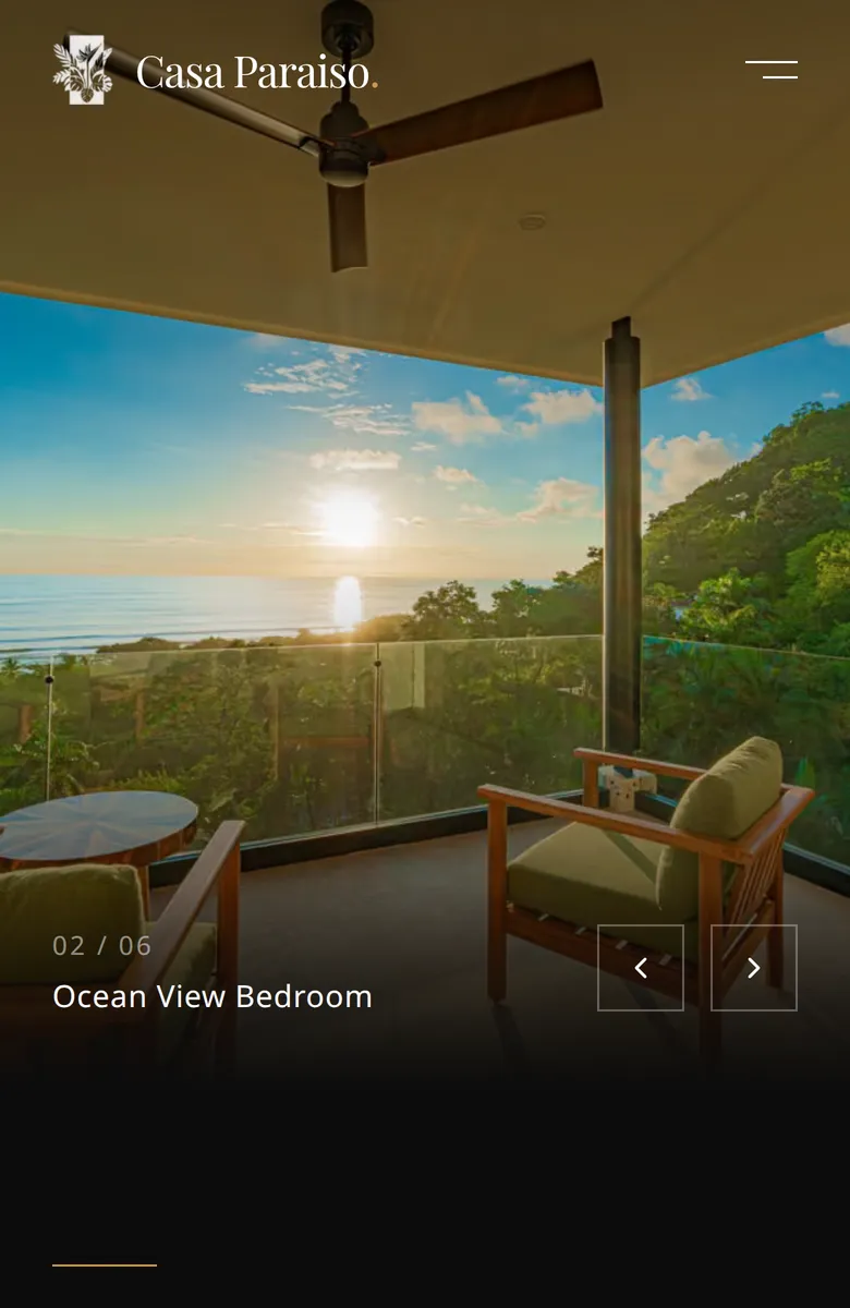 Phone view of the residence carousel: a bedroom balcony at sunset, slide 2 of 6, and previous and next buttons.