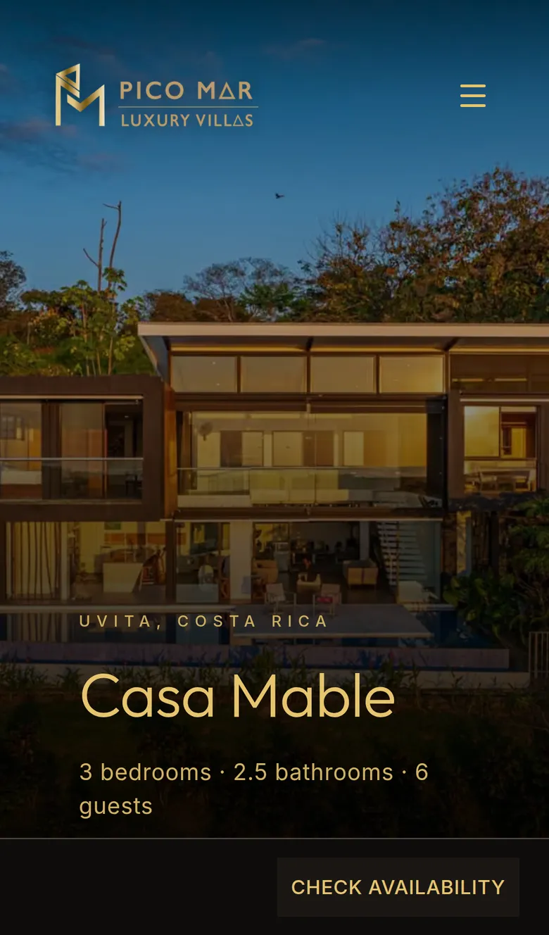 Phone view of a villa page: the photo, the villa's name and room counts, and a Check availability button pinned to the bottom of the screen.