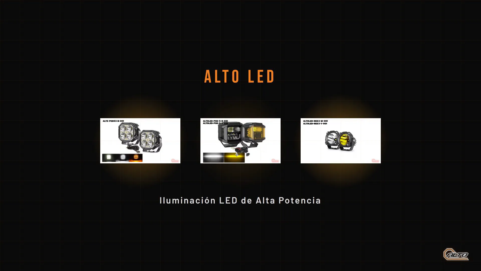 Cuadro del video promocional: el título ALTO LED sobre tres imágenes de producto.