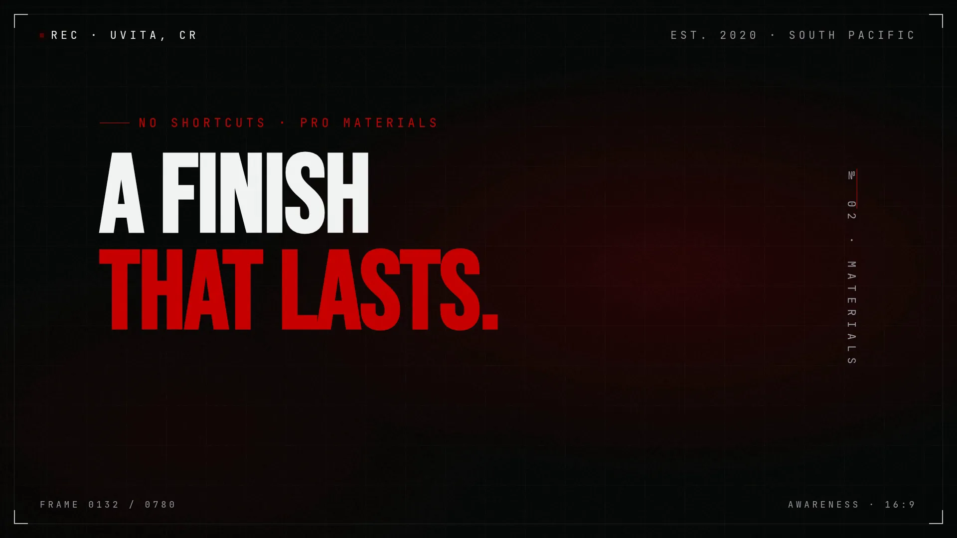 Still from the English brand reel: the line “A finish that lasts.” in white and red type on a dark background.