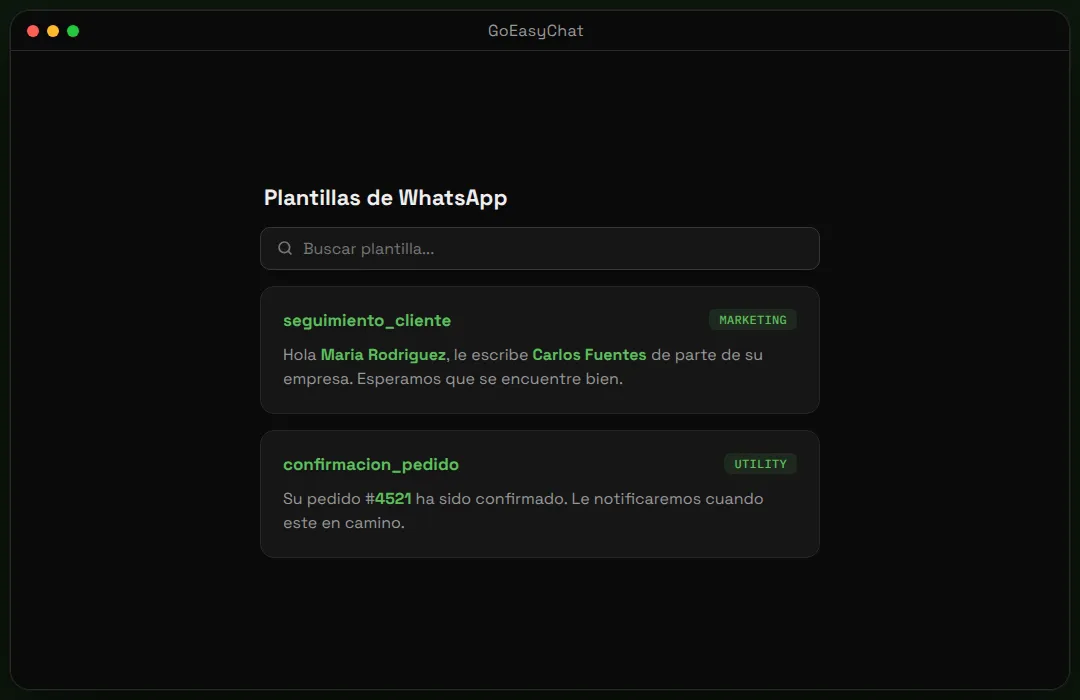 Still from the GoEasy.Chat demo video: two WhatsApp message templates with the customer and agent names filled in.